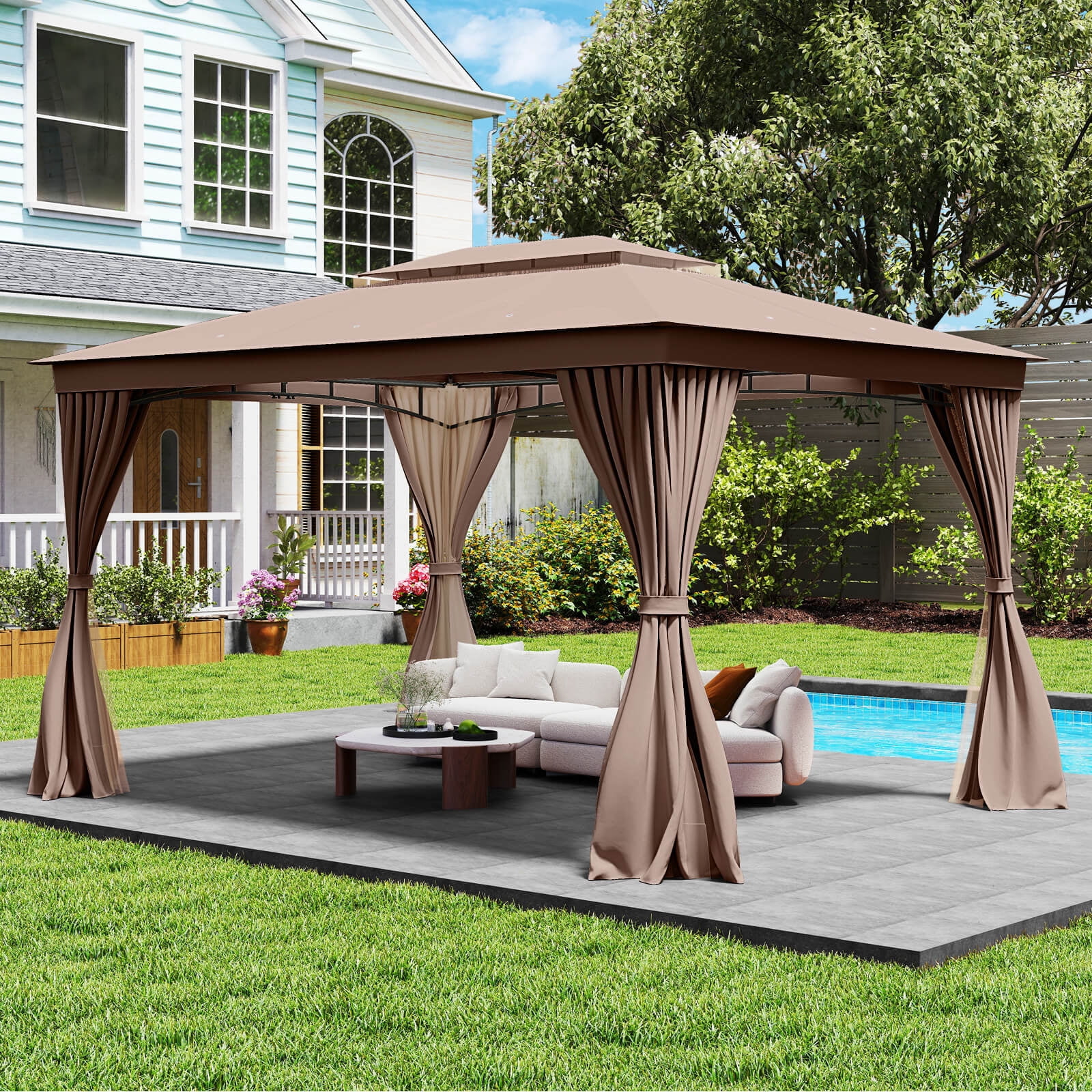 Costway 10 X 13 FT Patio Gazebo, Outdoor Double-Roof Canopy Tent with Mesh Netting Coffee
