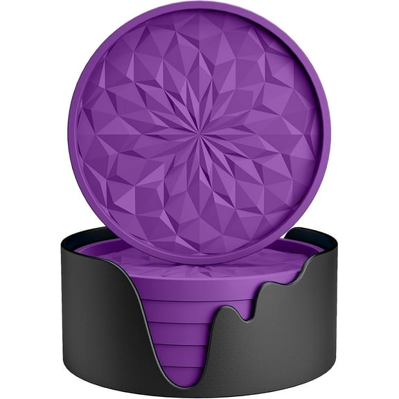 Silicone Coasters with Holder,[6 Pack] Drinking Coasters - Cup Mat for Hot or Cold Drinks, Thickened, Non-Slip, Non-stick,Deep Tray Dark Purple