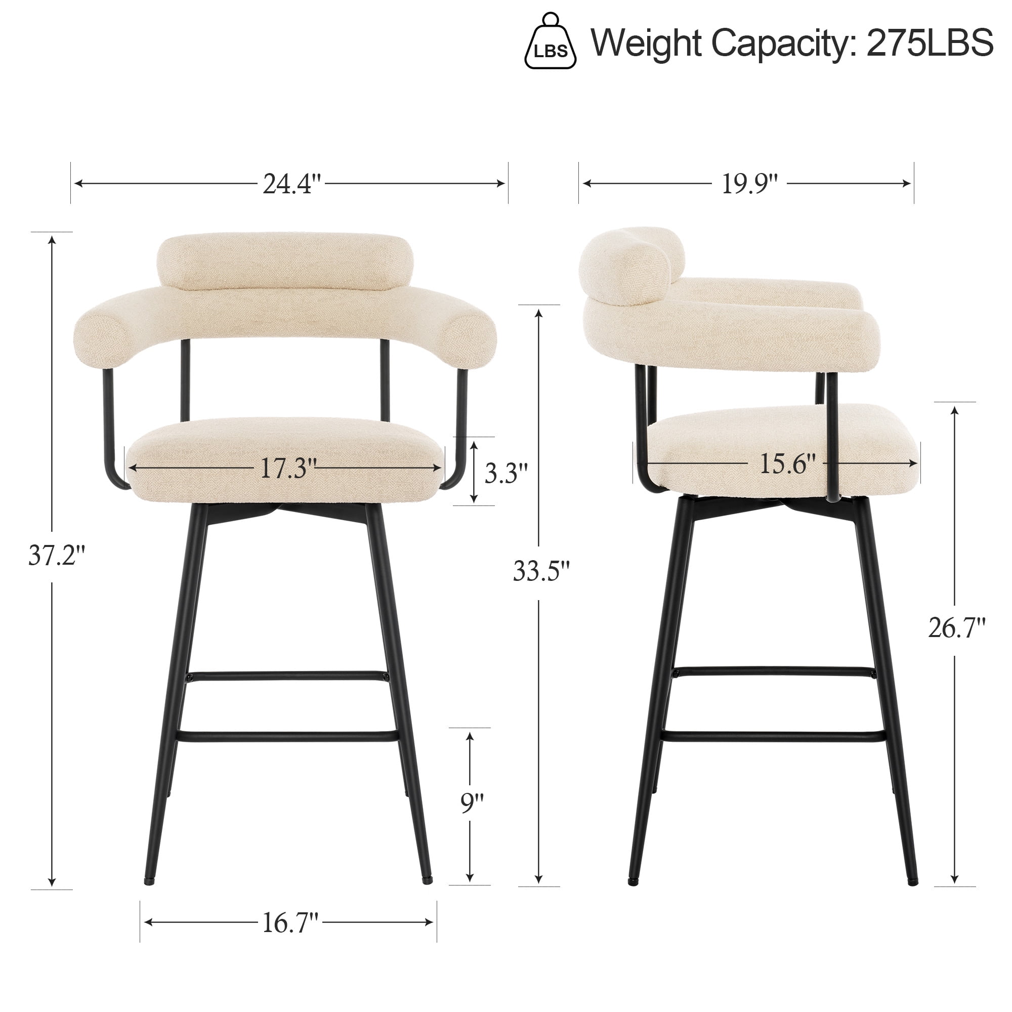 Zesthouse 26.7" Swivel Counter Stools Set of 2, Linen Upholstered Bar Stools with Back and Metal Legs, Modern Counter Height Chairs for Kitchen Island, Beige