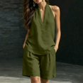 thumbnail image 6 of Costeam Womens Halter V Neck Short and Capri Pants Two Piece Outfit Lightweight Linen Blend Loose Fit Solid Color Casual Summer Co Ord Set, 6 of 6