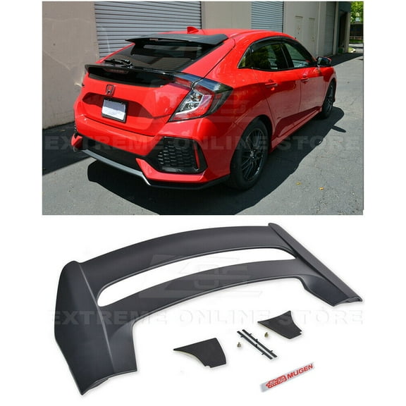 Extreme Online Store Replacement for 2016-2021 Honda Civic Hatchback FK4 FK7 | JDM Mugen Style ABS Plastic Primer Black Rear Roof Top Wing Spoiler with RED Mugen Emblem