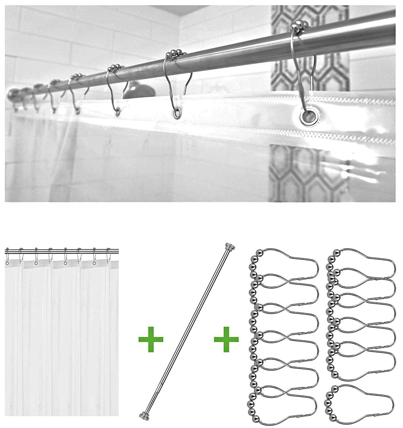 Bolford Rust Proof Stainless Steel Shower Rod Set with Curtain Liner