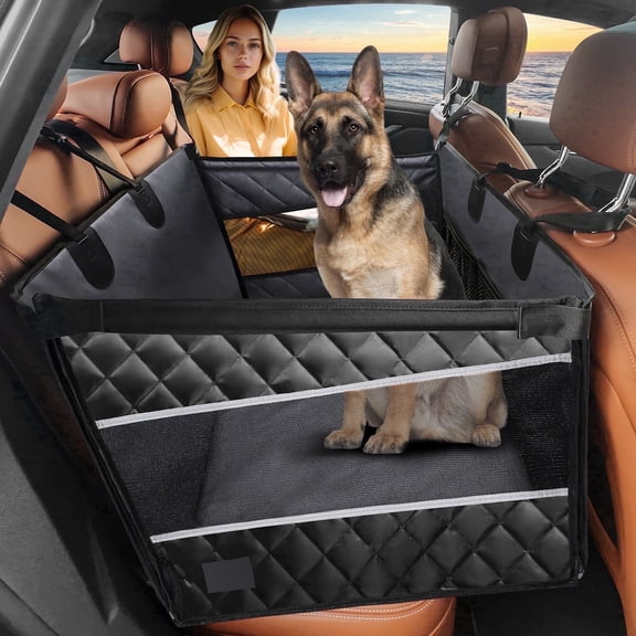 Dog Car Seat for Large Dogs, Back Seat Extender Hard Base for Dogs, Waterproof Dog Hammock for Car, Duty Scratch Proof Nonslip Durable with Mesh Window & Pocket, Covers for Cars Trucks Suvs