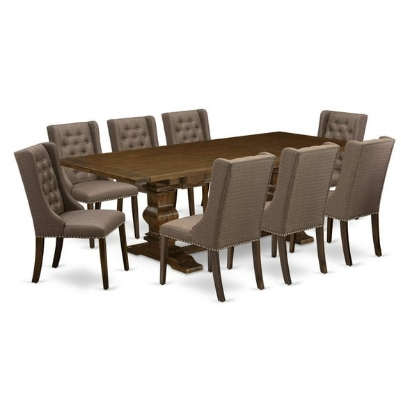 East West Furniture LAFO9-88-18 9-Pc Kitchen Room Table Set Includes 1 Butterfly Double Pedestal Dining Table and 8 Brown Linen Fabric Parson Chairs with Button Tufted Back - Antique Walnut Finish