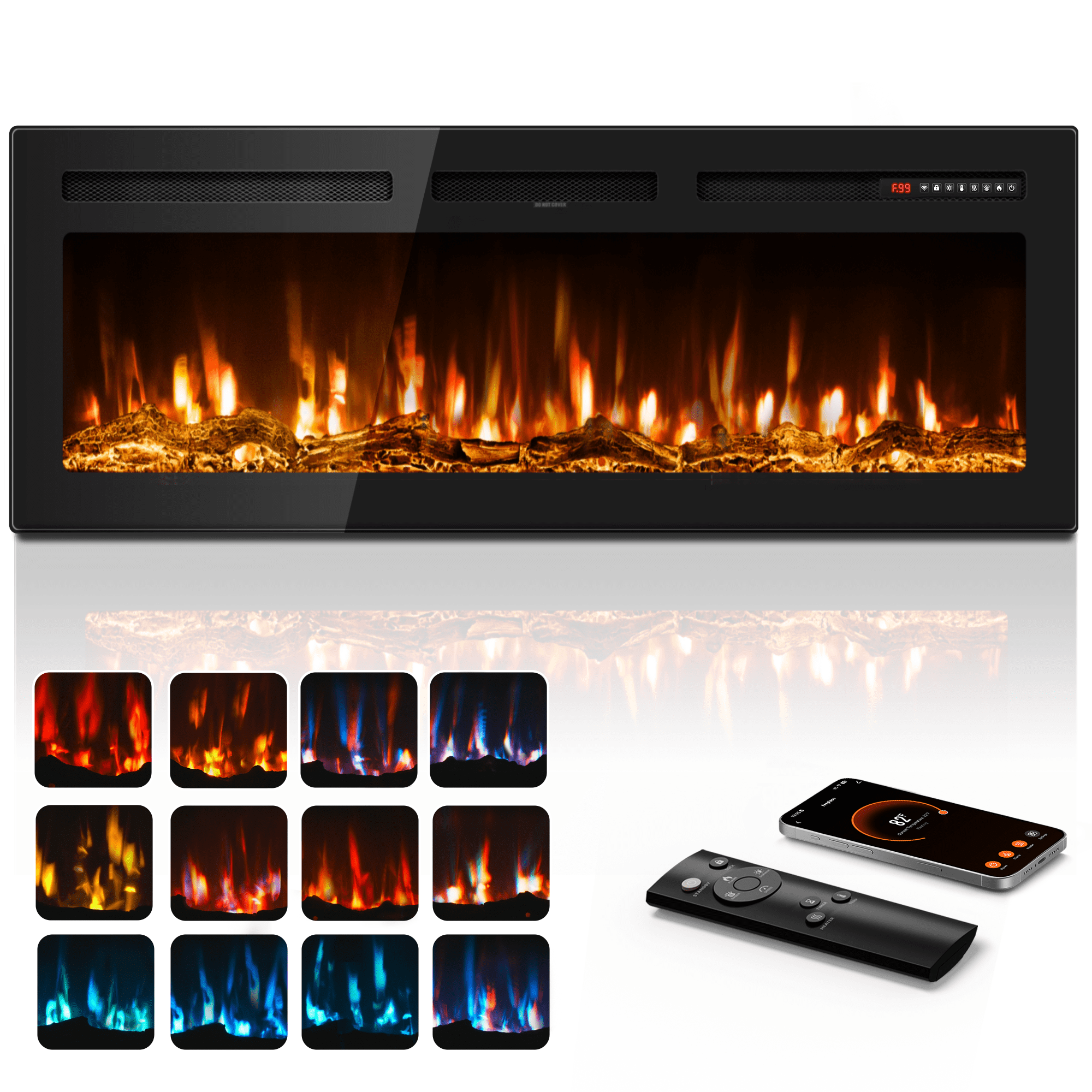 Patiosunny 60" WiFi Electric Fireplace, Freestanding/Inserts/Wall Mounted Fireplace Heater, 12 Flame Colours, with WiFi Remote Control&Smart App, 12H Timer, for Living Rooms and Bedrooms