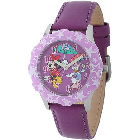 Disney Minnie Mouse Girls' Stainless Steel Case with Bezel Watch, Purple Leather Strap