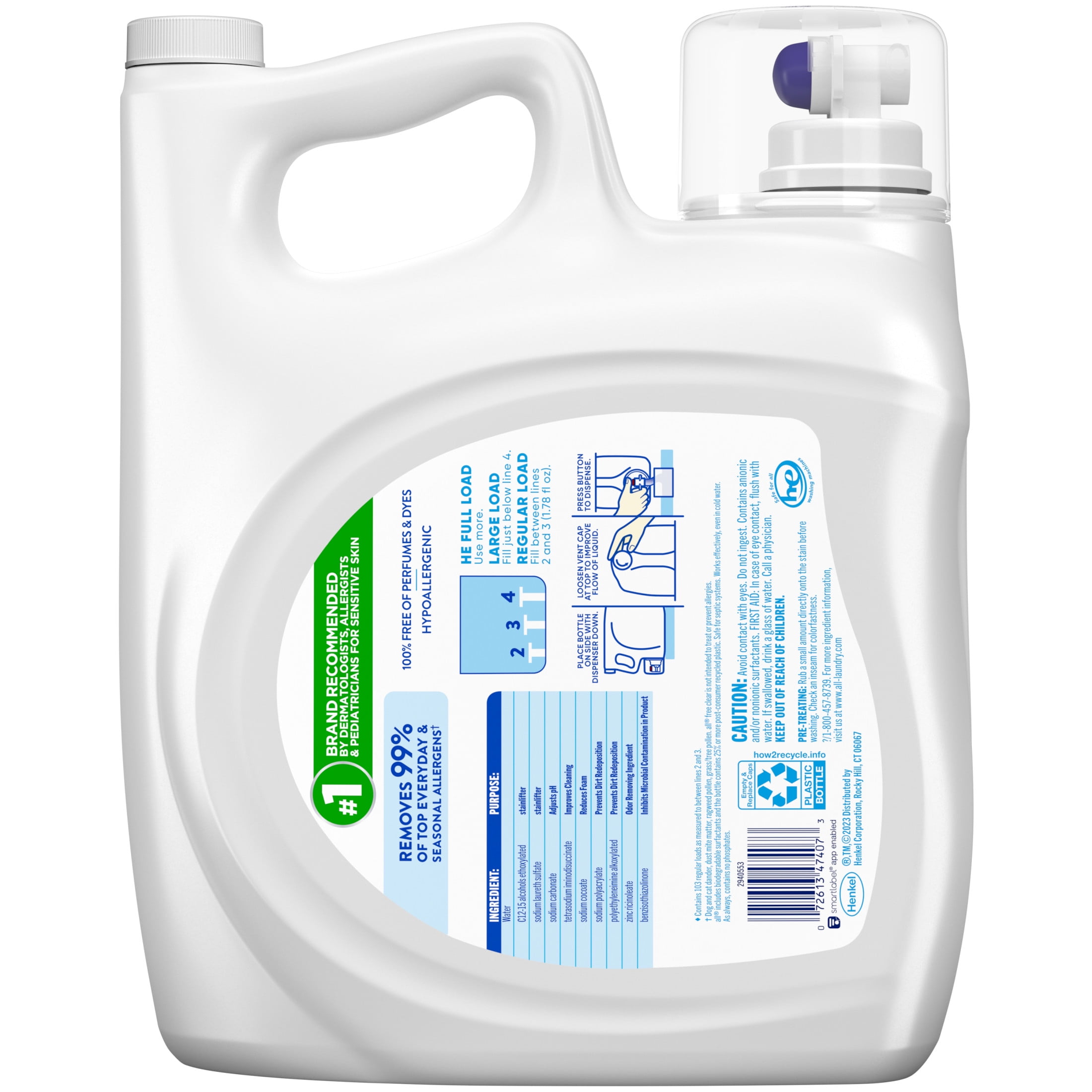 (6 pack) all Free Clear Liquid Laundry Detergent, Odor Relief, 184.5 oz, 103 Loads