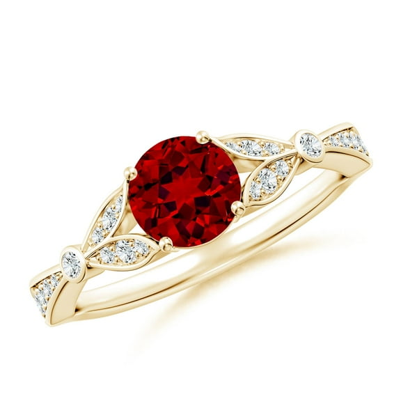 ANGARA Lab Grown 1 Ct Nature-Inspired Round Ruby Engagement Ring with Leaf Motifs for Women in 14K Yellow Gold (Size-6mm) | July Birthstone, Anniversary, Jewelry Gift for Women | Lab-Grown Ruby Ring