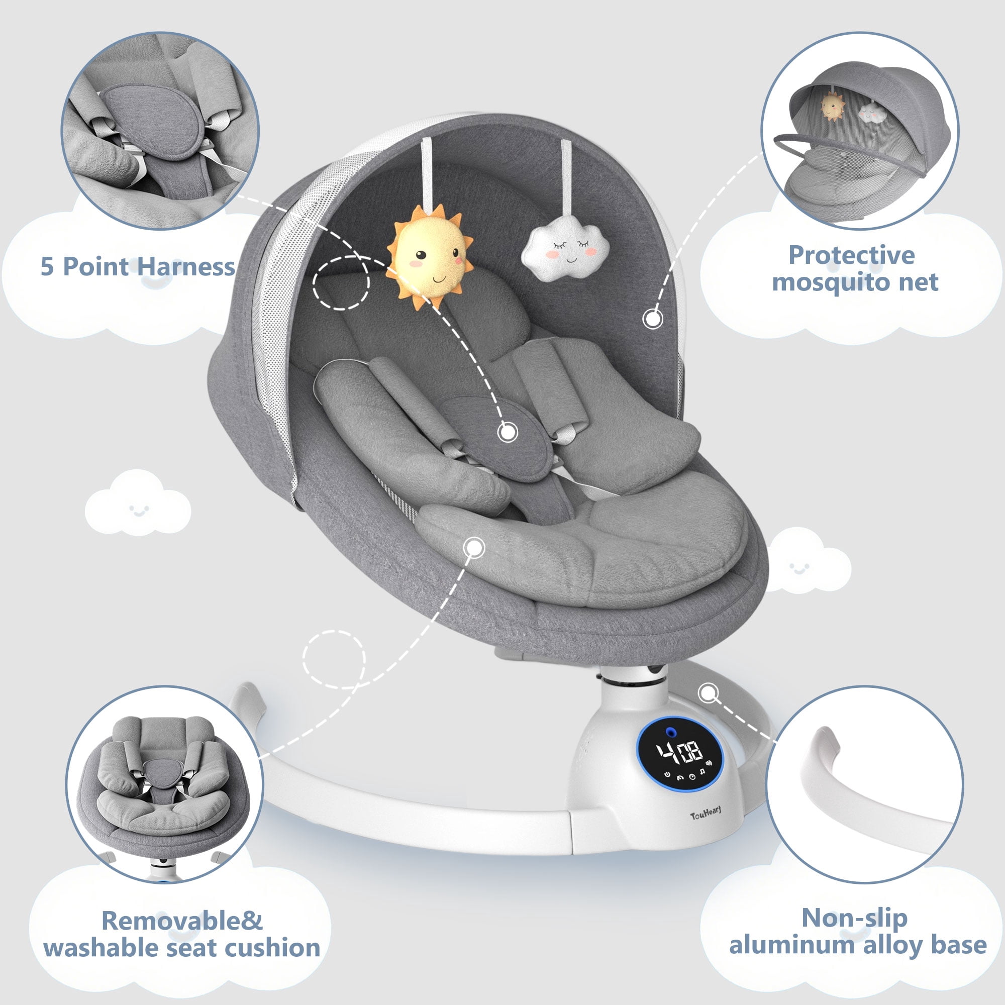 TouHeart Baby Swing, Electric Infant Rocker with Bluetooth & Remote, 5 Speeds, 10 Lullabies,Gray