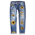 thumbnail image 1 of Pantalones vaqueros con estampado de girasoles para mujer, de cintura media, con parches rotos, ajustados y elásticos., 1 of 5
