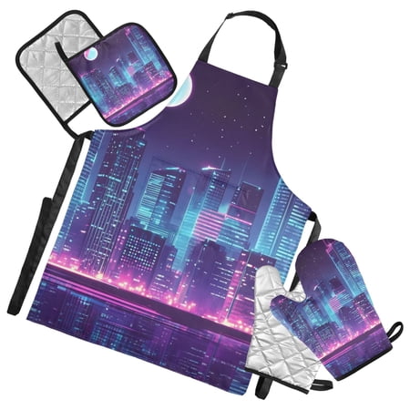 Cyberpunk City at Night 5 Pcs Kitchen Set Heat Resistant Oven Mitts and Non-Slip Pot Holders with Adjustable Cooking Apron