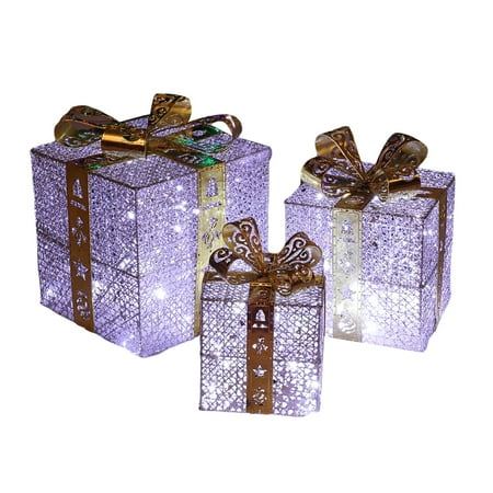 KelaJuan 3Pcs Christmas Decoration Lighted Gift Box, Wrought Iron/Rattan Outdoor Indoor Christmas Tree Scene Layout