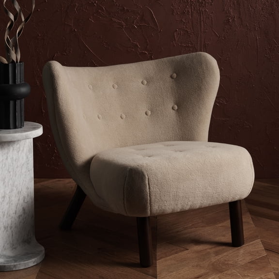 SAFAVIEH Couture Gabriel Modern Faux Lamb Wool Solid Wingback Chair, Tan/Dark Brown