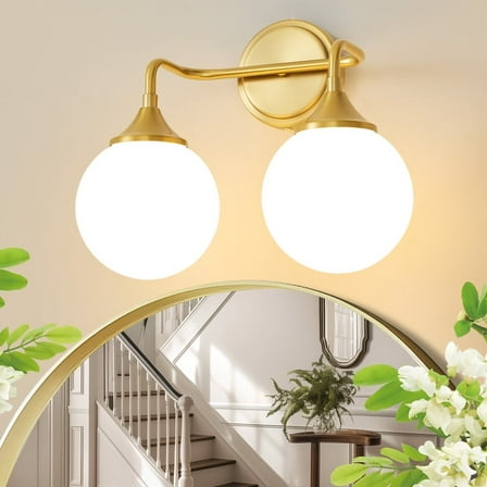 Deyidn 2-Light Gold Modern Vanity Light, 14 Inch Dimmable Bathroom Light Fixture with Opal Glass Globes for Mirror