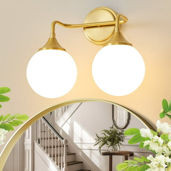 Deyidn 2-Light Gold Modern Vanity Light, 14 Inch Dimmable Bathroom Light Fixture with Opal Glass Globes for Mirror