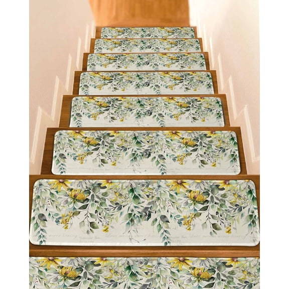 Green Eucalyptus Leaves Stair Treads Non Slip Indoor for Wooden Steps, Retro Rustic Botanical Floral 4 Pcs Stair Mats for Elders Dogs, 8 x 30 Inch Carpet Treads Runner Rugs for Staircase