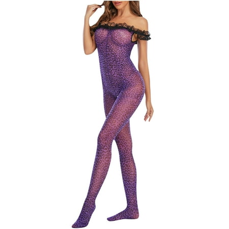 QIPOPIQ Lingerie for Women Clearance Women Sexy Purple Leopard Print Bodysuit Stockings Open File Sexy Lingerie