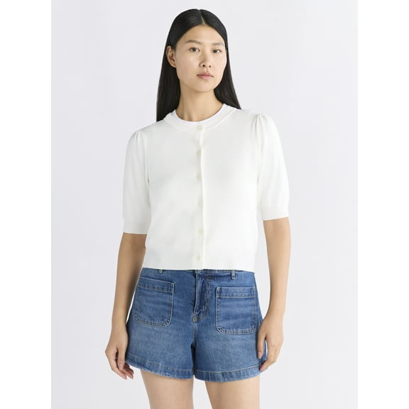 Free Assembly Women's Cardigan Sweater with Puff Sleeves, Lightweight, Size XS-XXL