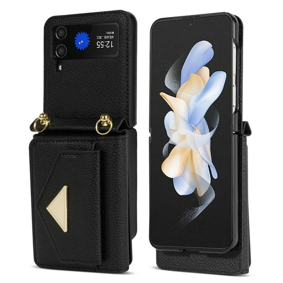 ELEHOLD for Samsung Galaxy Z Flip 3 Case Premium Leather Wallet with Back Organ Card Holders Kickstand Function Crossbody Shoulder Strap Luxury Shockproof Women Purse Cover ,black