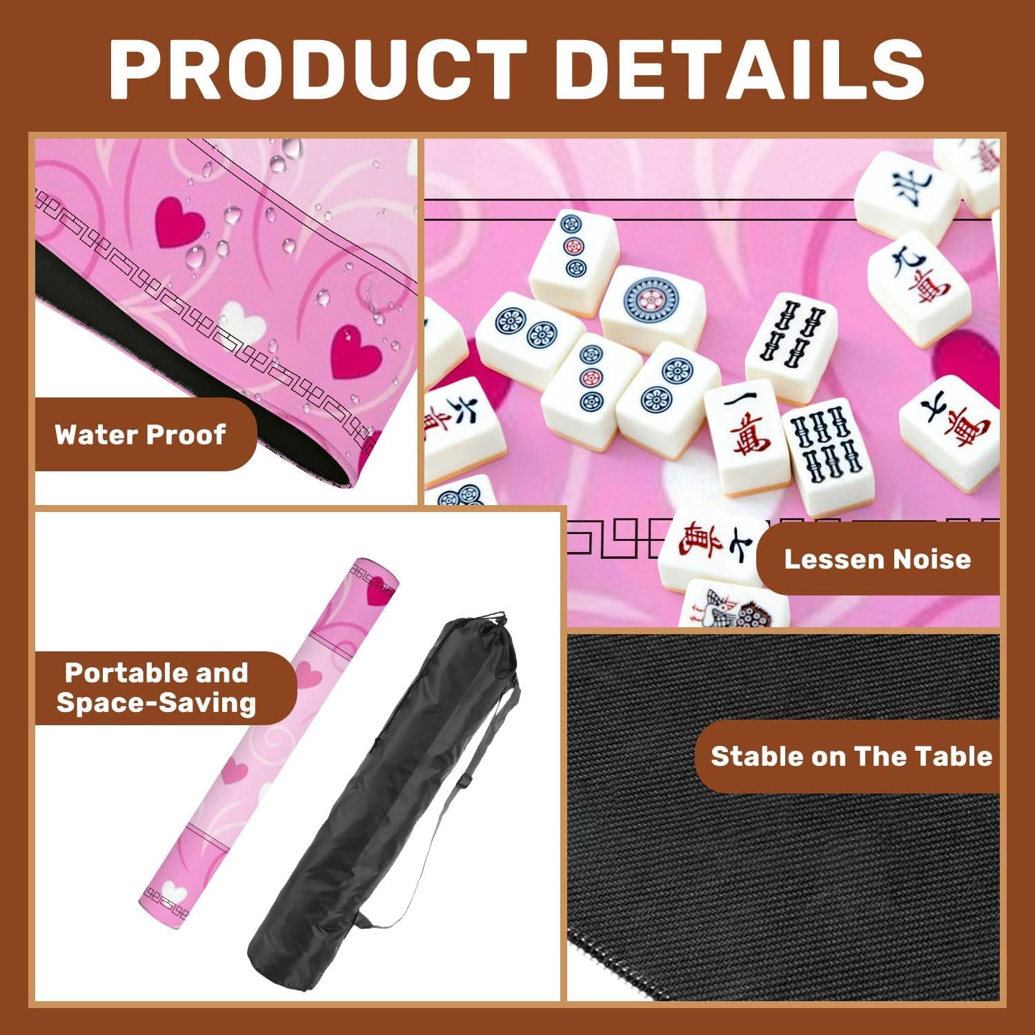 Mahjong Mat 31.5" x 31.5" Pink Swirls Hearts White Dark Red Accents Non-Slip Noise Reduction Mahjong Tiles Table Cover for Dominoes Poker Card Board and Tile Games