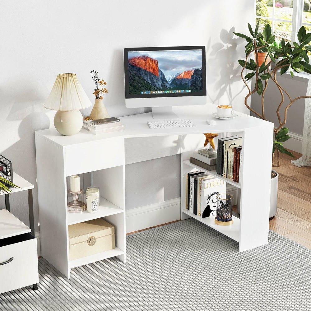 Resenkos 48-Inch L-Shaped Corner Executive Computer Desk with Built-In Storage Drawer - White