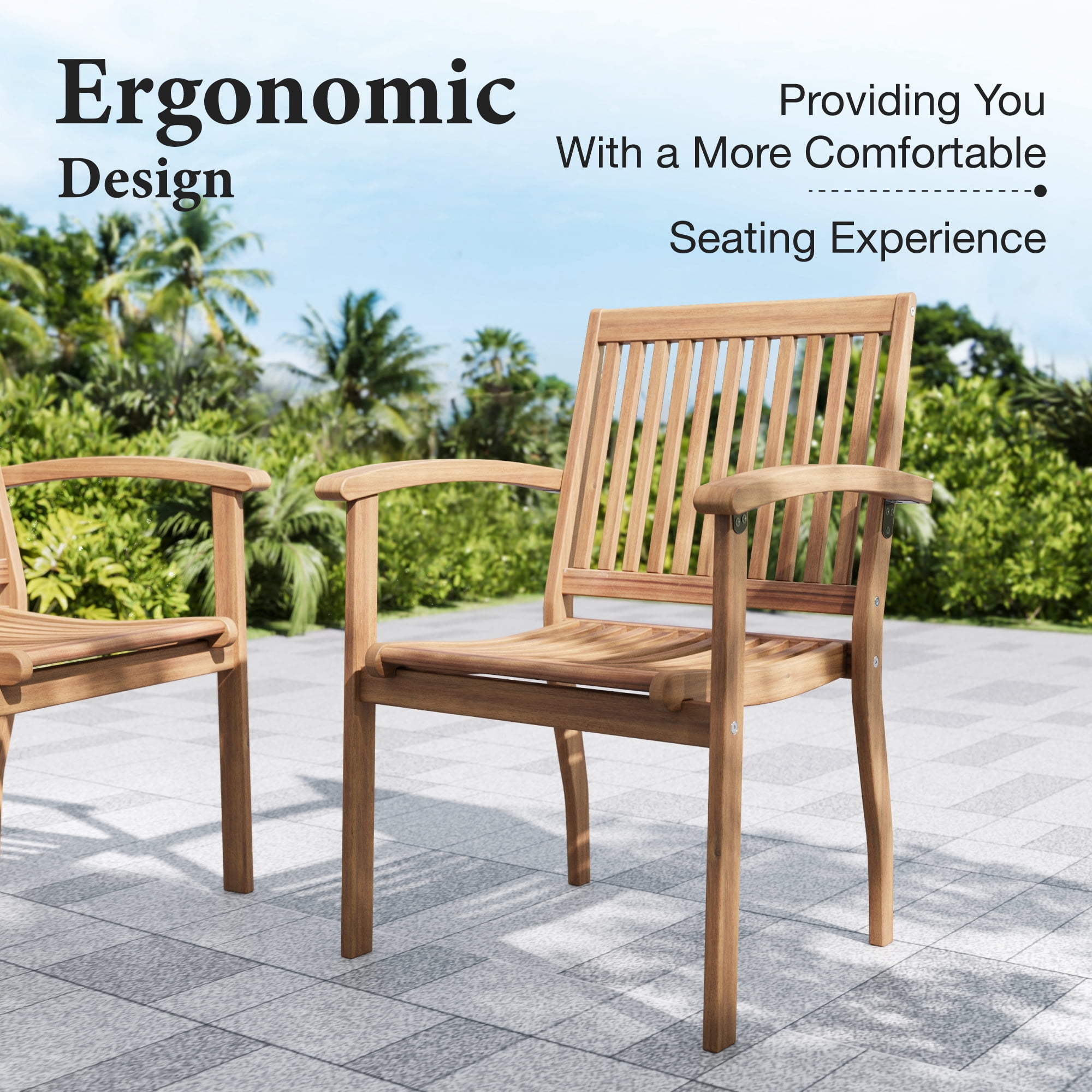 SUMMIT LIVING 2-Piece Acacia Wood Patio Dining Chairs, Outdoor Oil Finished Natural Wooden Armchairs