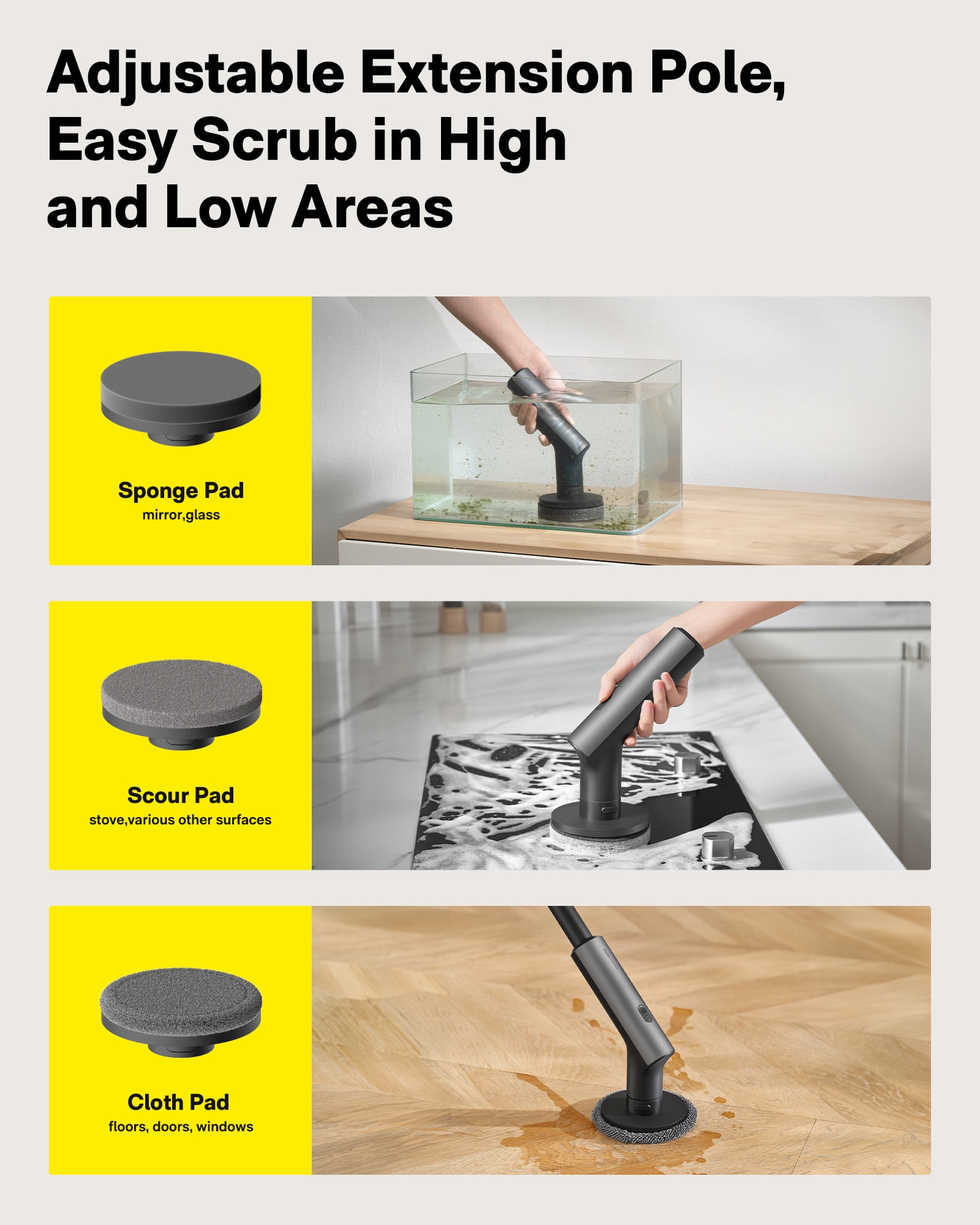 HOTO Cordless Electric Spin Scrubber, IPX7 Full Body Waterproof Long Handle Scrub Brush with 6 Brush Heads for Bathroom Tile Floor Shower