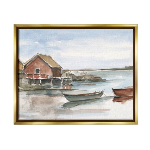 Stupell Industries Rowboats on Shore Landscape Painting Gold Floater Framed Canvas Art Print Wall Art, 31 x 25