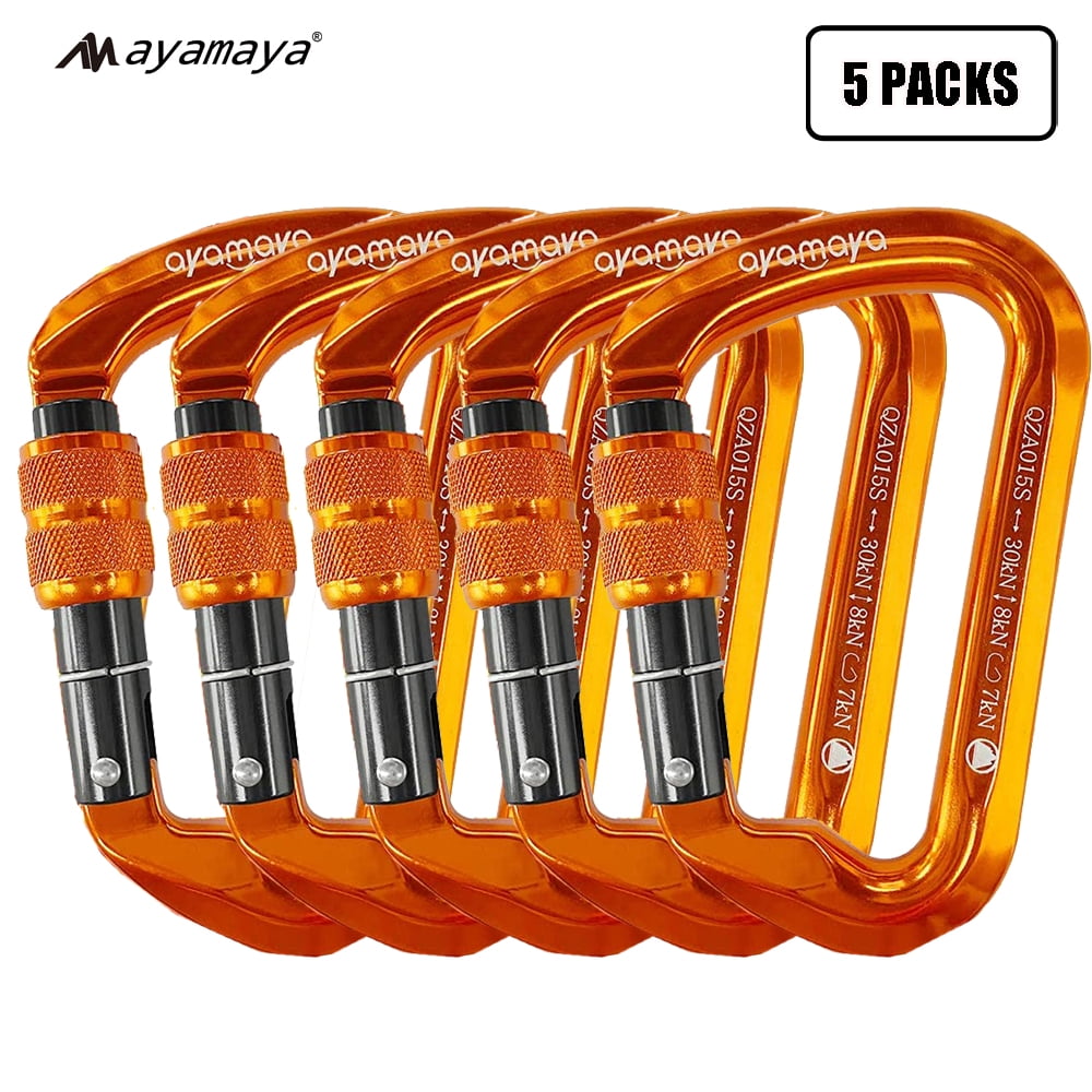 [5 Packs] Aluminum D-Ring Clip Hook，AYAMAYA Climbing Screw Locking Screwgate Rescue Carabiner（Orange）