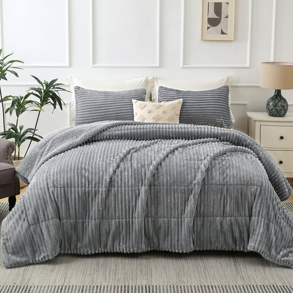 Jessy Home 3 Piece Fleece Queen Comforter Set - Soft & Warm Fluffy Gray Sherpa Bedding , Fuzzy Heavy Double Sided Design Winter Comforter with 2 Pillow Cases