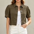 thumbnail image 2 of Miaoju Women's Summer Short Sleeve Crop Denim Trucker Jacket Jean Coat Tops, Khaki L, 2 of 7