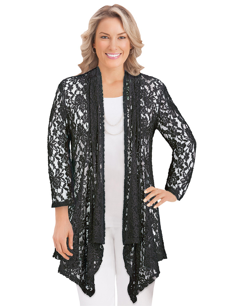 Collections Etc. - High-Low Floral Lace Drape Front Cardigan - Perfect ...