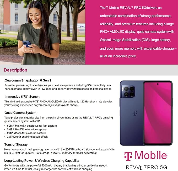 T-Mobile Revvl 7 Pro 5G GSM Unlocked Cell Phone 256GB 8GB RAM, 5000 mAh,6.78 in, Android 14, Azurite Blue