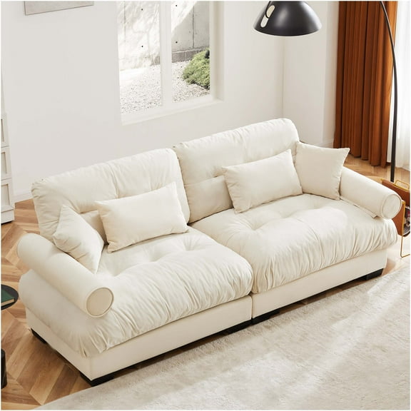 JERFIT Modern Velvet Loveseat Sofa with Pillows, Cloud Cushion 2-Seater Couch for Living Room, Apartment, Cream