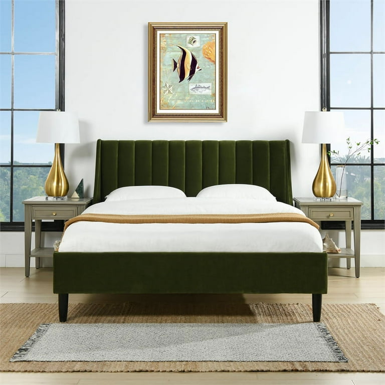 Aspen Vertical Tufted Modern Headboard Platform Bed Set Queen Olive Green Performance Velvet