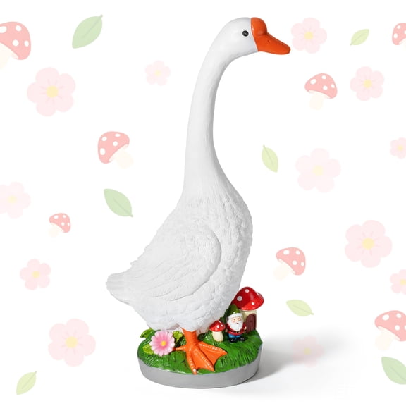 Teupoa 23 inch Large Porch Goose Statue, White Goose Figurine for Indoor Outdoor Decor, Garden Sculptures & Statues for Front Porch Patio Yard Lawn,Mushroom