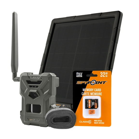 SPYPOINT Flex-m Solar Bundle with Micro SD Card | Cellular Trail Camera Kit with Compact Solar Panel | Hunting Trail Monitor, No Wifi Needed