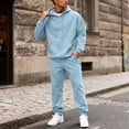 thumbnail image 3 of Men's Fleece-Lined Thermal Two-Piece Tracksuit Set, Solid Color Hoodie with Cuffed Joggers and Elastic Waist for Casual Outdoor Activities and Winter Sports,Light Blue,XL, 3 of 9