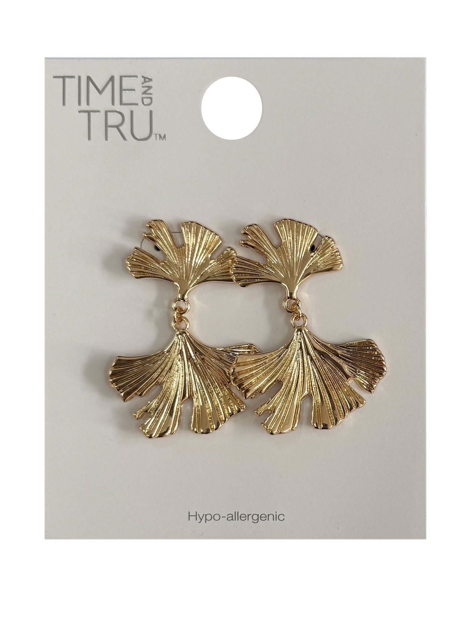 Time and Tru Textured Metal Gingko Leaf Earrings Gold Plated for Female Adults and Teens