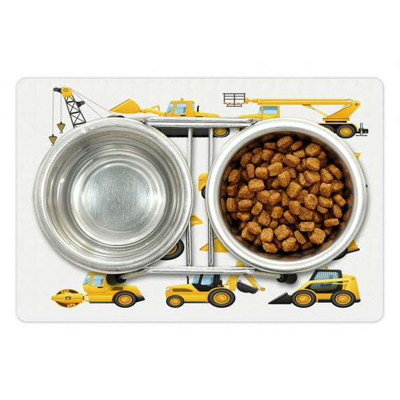 Nursery Pet Mat for Food and Water, Abstract Images of Construction Vehicles Machinery Trucks Bulldozer Crane, Non-Slip Rubber Mat for Dogs and Cats, 18" X 12", by Ambesonne