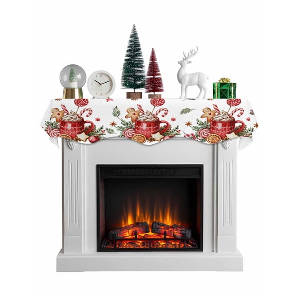 Christmas Gingerbread Mantel Scarf Fireplace Decorations for Living Room, Winter Xmas Balls Candy Pine Leaf Fireplace Mantel Scarf Cover Runner for Halloween/Thanksgiving/Christmas Decor 70"x17"