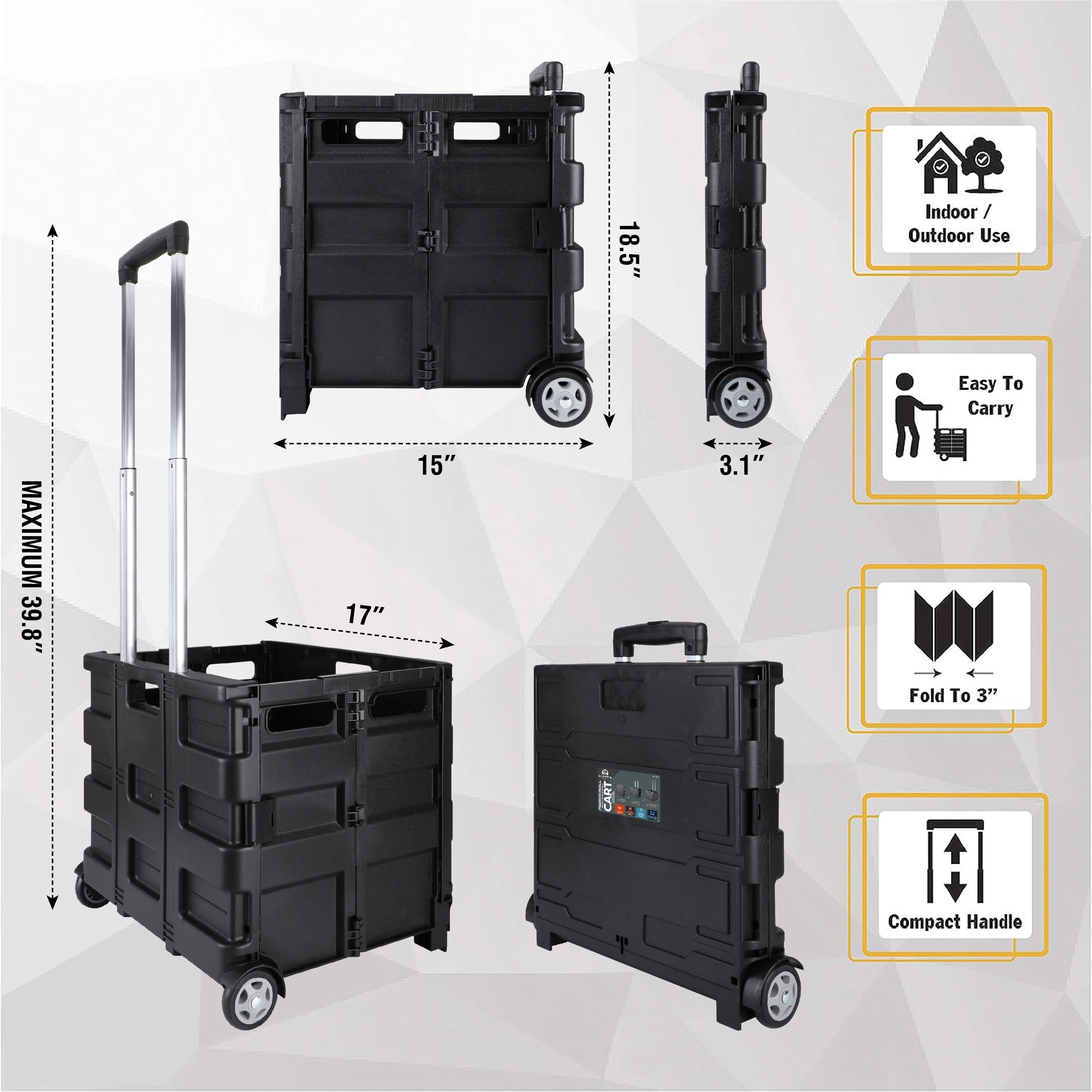 Olympia Tools Folding Utility Cart, Portable Rolling Crate Handcart Shopping Trolley Collapsible Tool Box, Rolling Cart for Teachers, for Shopping, Office, Storage