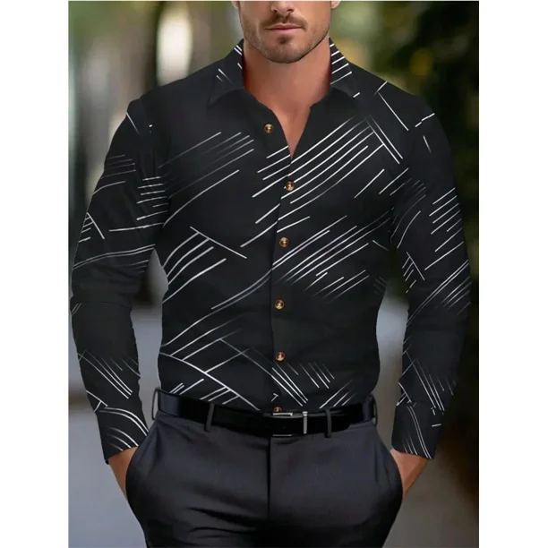 Camisa de solapa con estampado 3D de línea negra de gran venta para hombres, ropa casual lujosa de moda de alta calidad para hombres en la calle