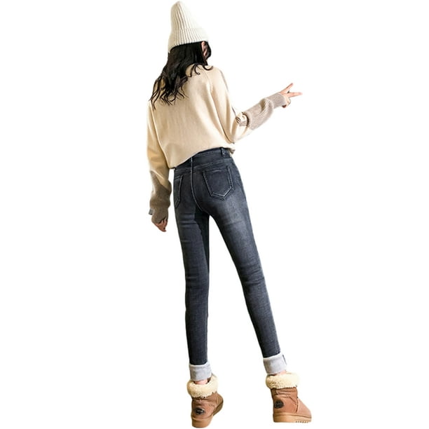 Women Solid Color Jeans, Adults High Waisted Fleece Lined Jeggings