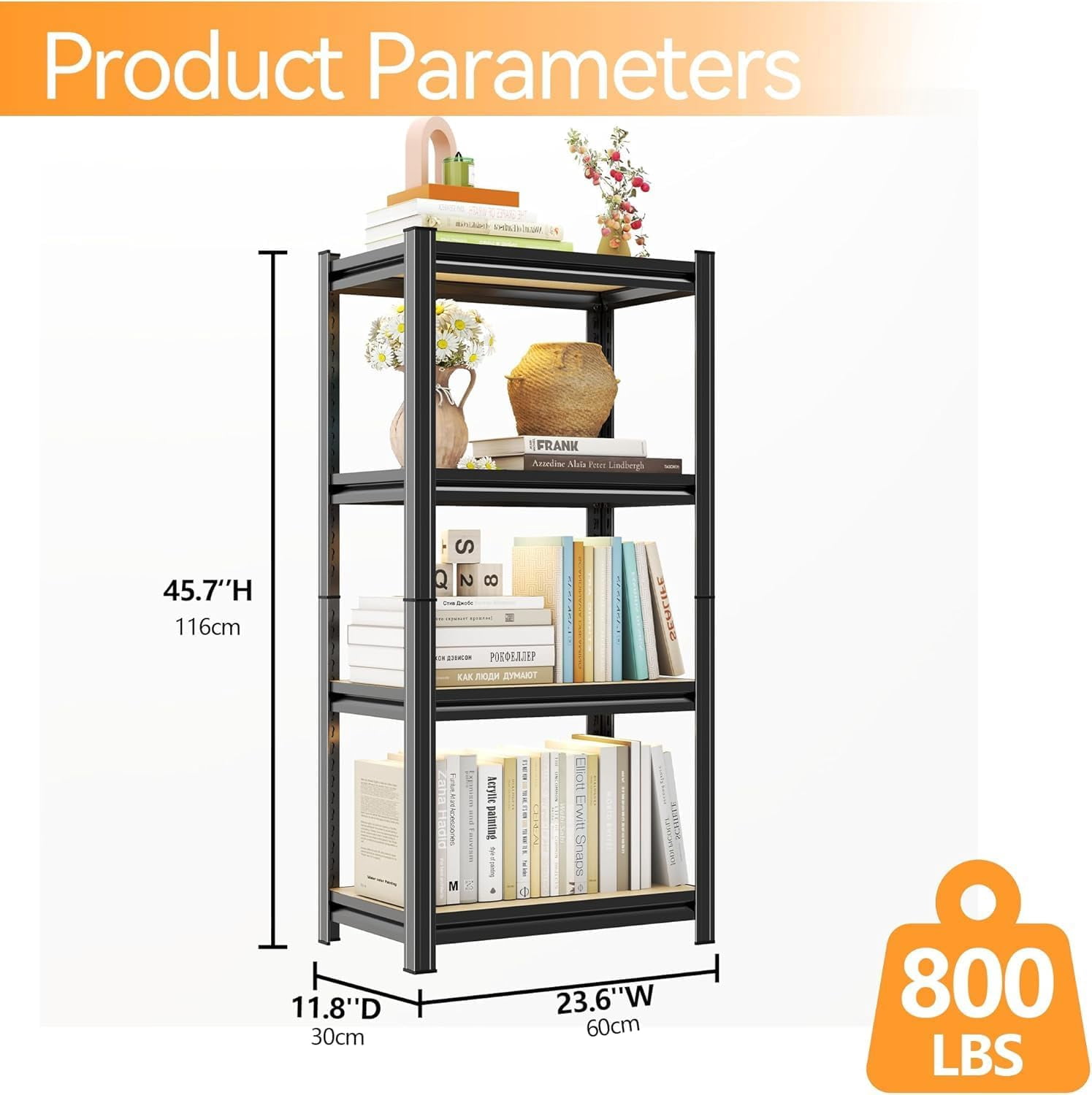 NIUMU 45.7H'' Storage Shelves Adjustable Shelving Unit Wood, 4-Tier Storage Shelves Heavy Duty Shelf Organizer Industrial Shelves for Warehouse Basement Kitchen Pantry Commercial, Black