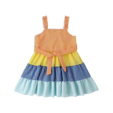 

2023 Summer Savings Girls Dress PEZHADA Toddler Kids Baby Girls Fashion Cute Sleeveless Suspender Lattice Print Rainbow Striped Dress Multicolor 5 Years