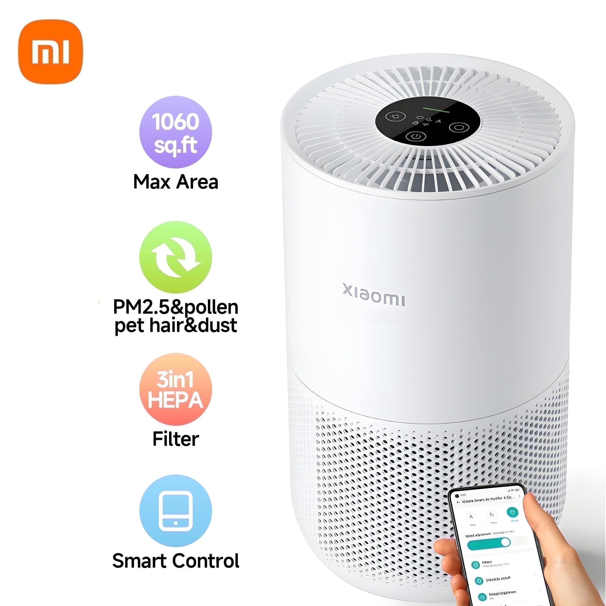 Xiaomi Smart Air Purifier for Home Bedroom up to 1060 Sq.ft with 3-in-1 HEPA Filter, Allergen Removal, Smart WiFi App,20dB Ultra Quiet Sleep Mode Air Cleaner for Pets Hair,Dust, Smoke