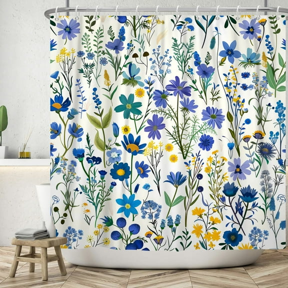 SUNOLIFE Blue Floral Shower Curtain Spring Flowers with Herbs Waterproof Fabric Bathroom Curtain 72x72 in
