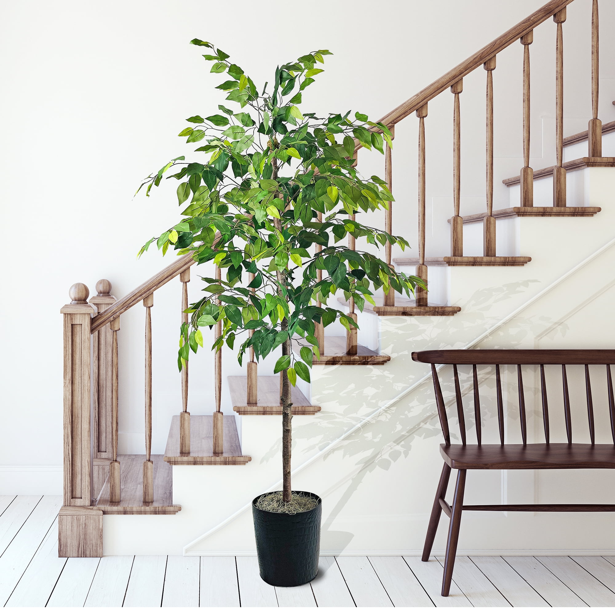 Mainstays Artificial Tree, Ficus Tree, 6 ft, Black Embossed Metal Planter