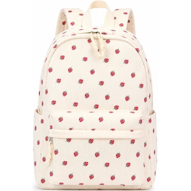 DAKIMOE School Backpack for Kids Teens Girls Cute Girlish Middle High School Bookbag Large Capacity Lightweight Daypack for College Students Beige Strawberry